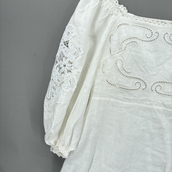 Farm Rio Dress Large White Mini Puff Sleeve Embroidered Linen Cottagecore Boho - Picture 5 of 16